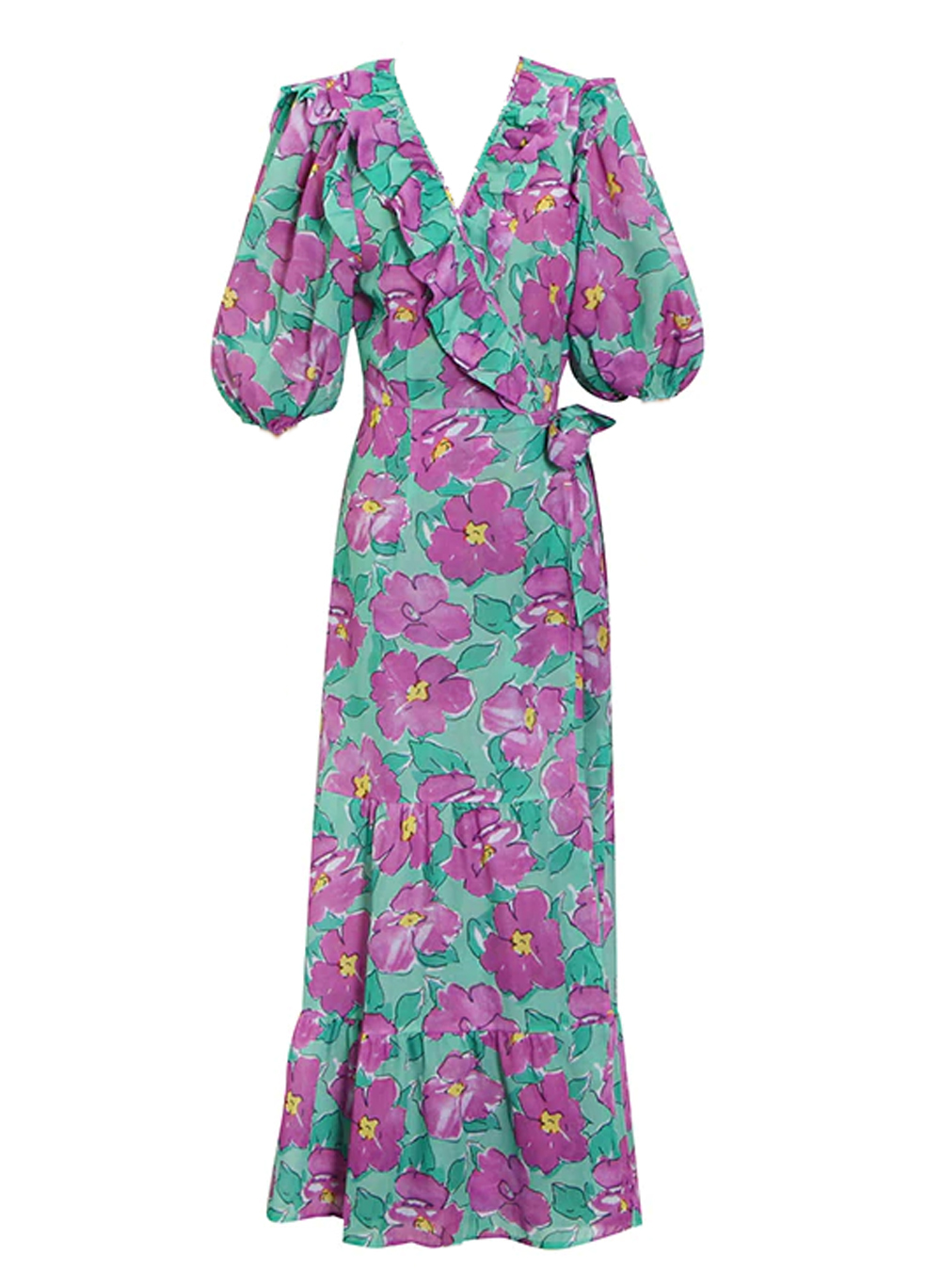 Women's Designer Puffy Sleeve Ruffled V-neck Floral Print Wrap Dress AUS STOCK Item image 5