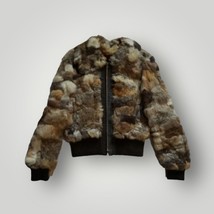 Rabbit Fur Bomber Jacket Winter Coat Patchwork 1970&#39;s Retro Beige Cream ... - £151.67 GBP