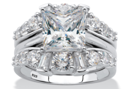 Princess Cz Jacket Wedding 2 Ring Set Band Platinum Sterling Silver 6 7 8 9 10 - £237.73 GBP