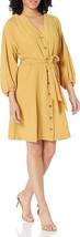 Calvin Klein Women&#39;s Dress 3/4 Sleeve V-Neck Button Front w/Pockets Size 2 Ochre - £31.18 GBP