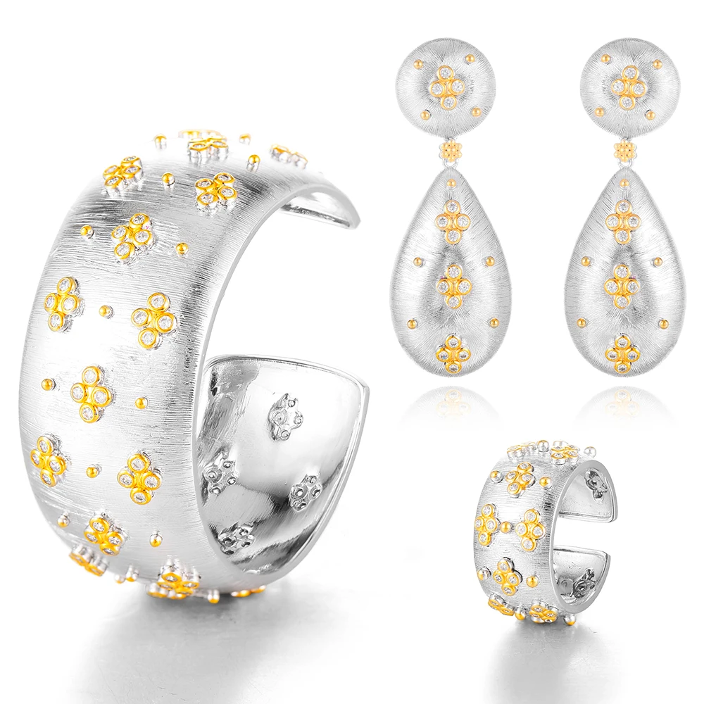 Famous Design Luxury 3PC Bracelet Ring Earring Sets For Women Wedding Bridal Cub - £87.15 GBP