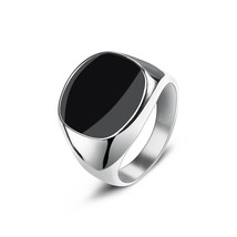 Punk Titanium Steel Ring Big Black Stone Square Ring Men Silver Color For Male J - £11.34 GBP