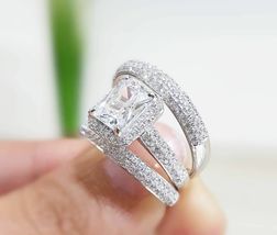 2.10Ct Emerald Cut Diamond 14K White Gold Over Anniversary Wedding Trio Ring Set - £97.13 GBP