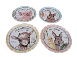 New Set 4 Easter Bunny Goat Duck &amp; Pig Melamine Salad Plates 8 1/2&quot; Gingham - £27.02 GBP