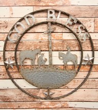 Ebros Oversized 24&quot; Galvanized Metal Circle Wall Decor Praying Cowboys God Bless - £39.22 GBP