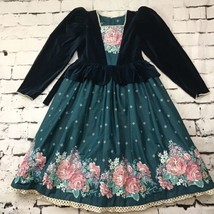 Daisy Kingdom Vintage Dress Girls Sz 12 Green Velvet Holiday Floral Flaws  - £194.68 GBP