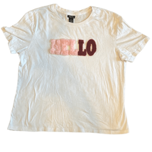 Rue21 Womens XL White Pink Faux Fur Hello Crew Neck Cotton T-Shirt Tee Top - £7.41 GBP