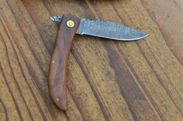 vintage handmade damascus steel folding knife 5577 - $55.00