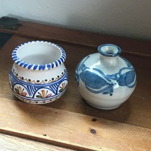 Lot of 2 Je La Cal Plieste French Signed Hand Painted Blue &amp; White Mustard Green - £10.42 GBP
