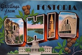 Greetings From Fostoria Ohio Large Big Letter Postcard Linen Unused Vintage - £7.09 GBP