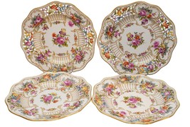 c1890 Dresden Flowers Hand Painted 10&quot; Reticulated Raised gold plates - $618.50
