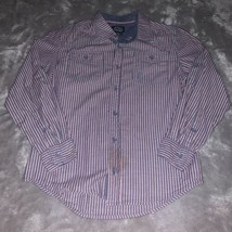 Boy&#39;s Size 12 First Wave Denim Blue Red White Striped Button Down Shirt ... - $16.00