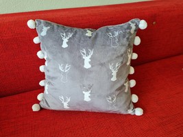Pom Pom throw pillows gray faux fur Decorative christmas pillow cover reindeer  - £21.50 GBP