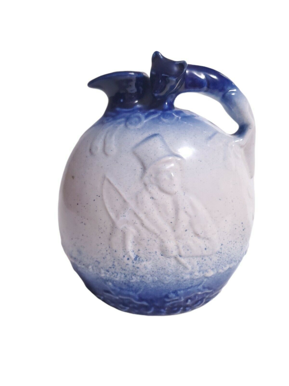 Primary image for Rockingham Bennington Blue & White Pottery Ball Jug Embossed Fox Hunt England