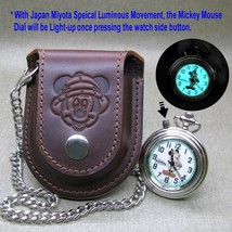 Vintage Mickey Mouse Animal Kingdom Pocket Watch Gift Set Leather Pouch + Chain - £62.90 GBP