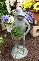 19&quot;H Aluminum Green Thumb Whimsical Gardening Frog Carrying A Planter Pot Statue - £148.64 GBP