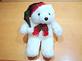 Vintage MTY International Christmas Holiday Bear White Plush Stuffed Plaid Decor - £11.56 GBP