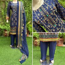 Pakistani Navy Blue Printed Straight Shirt 3-PCS Lawn Suit w/ Threadwork... - $49.50
