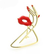 Red Lips Gold Hand Lady Brooch Statement Pendant Pin Fashion Jewelry Accessory - £16.35 GBP