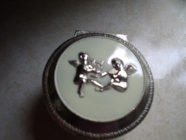 Box with cupid lid - Vintage silvertone with pearl like top - $18.00