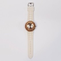 Gold Rhinestone Bezel Women&#39;s Watch Charming Charlie White Band *WORKS GREAT* - £11.75 GBP