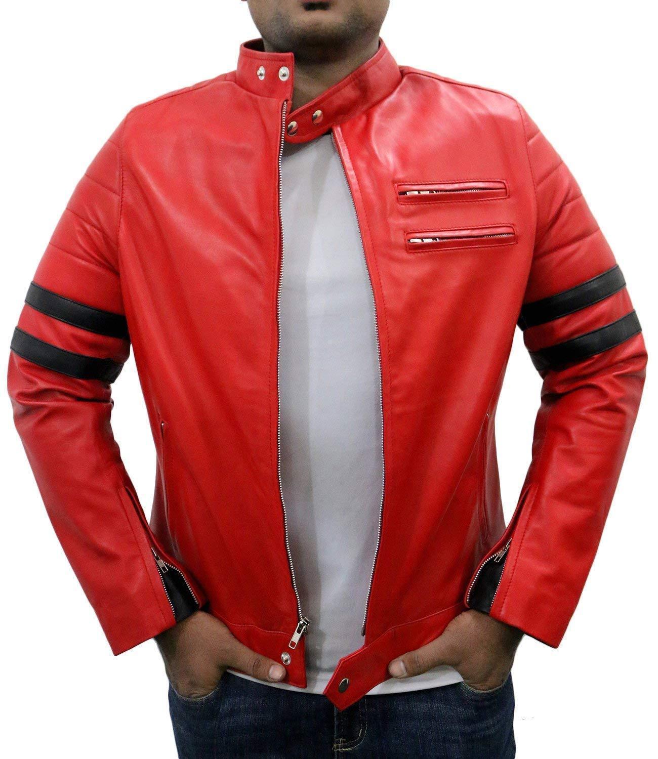 Handmade Red Jacket, Men Black Strips Genuine Lambskin Motorcycle leather Jacket