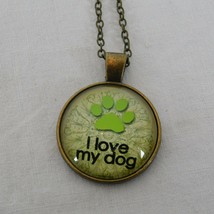 I Love My Dog Footprint Pets Bronze Tone Cabochon Pendant Chain Necklace Round - £2.40 GBP