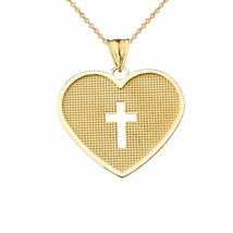 Solid Yellow Gold 10K Hammered Heart With open Cross Pendant Necklace - £93.72 GBP+