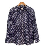 Chicos Blue White Blouse Size 3 Geometric RollTab Sleeves Hi Low Sheer C... - $266.62 MXN