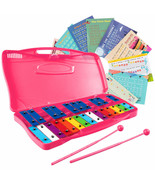 25 Notes Kids Glockenspiel Chromatic Metal Xylophone w/ 2 Mallets &amp; Pink... - $60.99