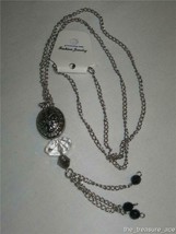 25&quot; Silver Chain Tassel Necklace Embossed Faceted Black Clear Beads  ~N068 NWOT - £8.56 GBP