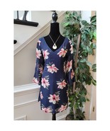 Noctflos Tunic Dress Women&#39;s Size Large Navy Floral V-Neck Long Sleeves  - $38.78 CAD