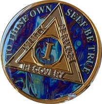 1 Year AA Medallion Sapphire Blue Swirl Tri-Plate Sobriety Chip - £13.39 GBP