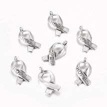 10 Cancer Awareness Charms Hope Ribbon Pendants Antiqued Silver Fundraising - £2.12 GBP