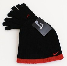 Nike Black &amp; Red Knit Beanie &amp; Stretch Gloves Youth Boy&#39;s 8-20 NWT - £17.76 GBP