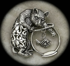 .925 Sterling Silver Cat in the Fishbowl Brooch - £67.35 GBP