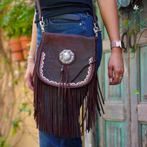 Round Beaded Antique Chocolate Concho Clip Bag Handmade Fringe Cross Bod... - £63.47 GBP