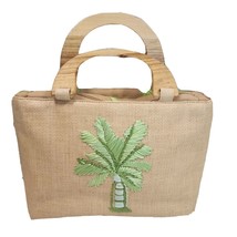 Sonoma Womens Woven Handbag Natural Straw Wood Handles Palm Tree Zip Closure - £19.54 GBP