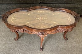 French Coffee Table Serving Tea Table Highly Carved Ornate Satinwood Inlay 1920s - £496.29 GBP
