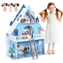 Wooden Dollhouse 3-Story Pretend Playset with Furniture and Doll Gift for Age 3 - £106.70 GBP