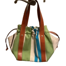 Kate Spade Blue/ Green Cabana Stripe Canvas Drawstring Tote with leather... - $639.77 MXN