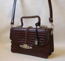 Brown Faux Croc Leather Purse Silver Metal Heart Trim Handbag Shoulder Bag Tote - £58.66 GBP