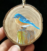 Bluebird Female miniature wood slice painting with hanging cord - $45.00