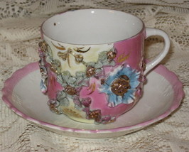 Teacup &amp; Saucer-Applied Flowers w/ Gold- Lusterware-Germany - £24.35 GBP