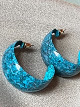 Large Turquoise w Black Mottling Enamel Tapered Hoop Earrings for Pierce... - $9.49
