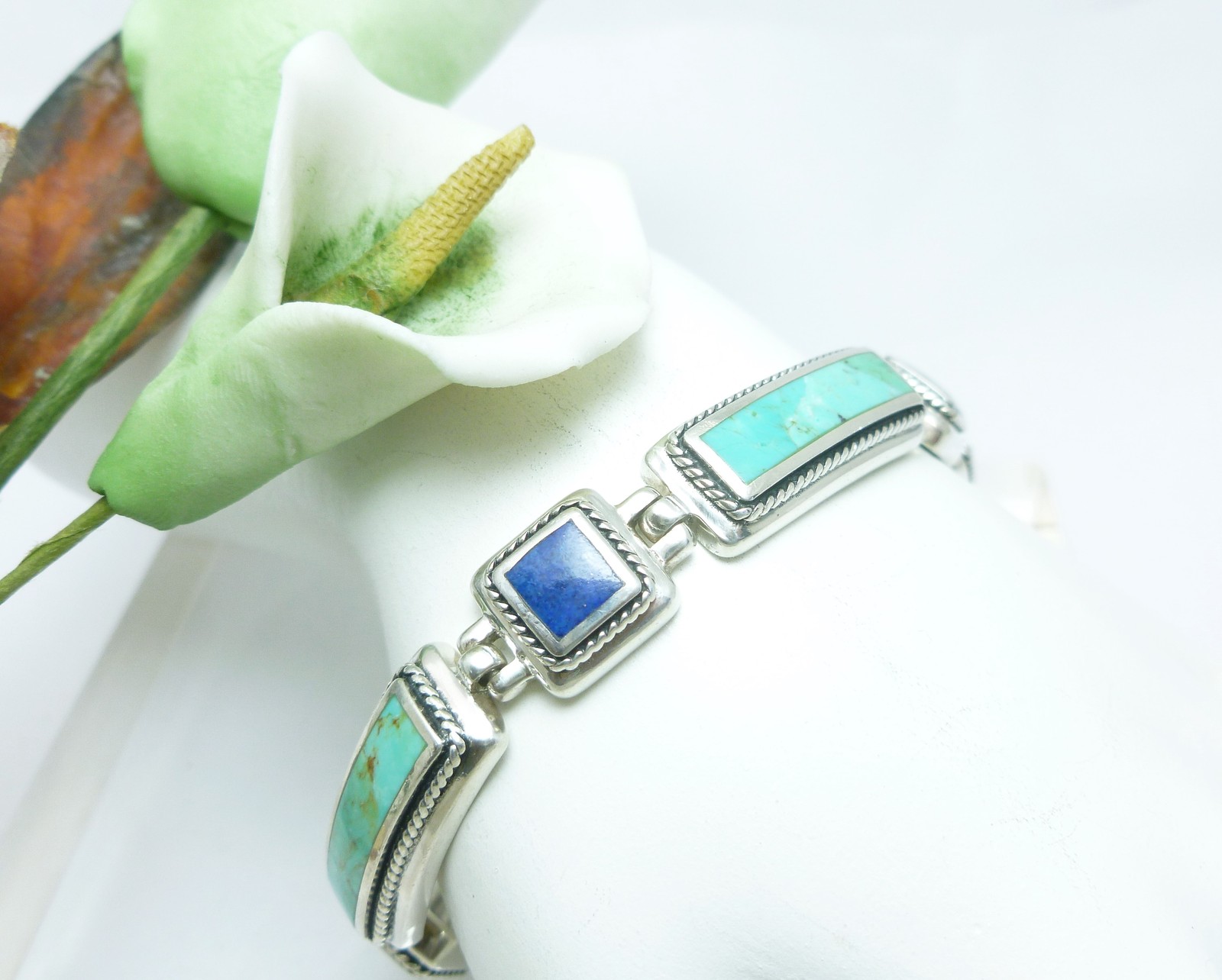 Primary image for Sterling Lapis and Turquoise 6-3/4" Bracelet w/Rope Detail