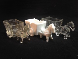 3 Horse Donkey w Cart Candy Toothpick Holder Milk Glass &amp; Clear Pressed Glass - £13.54 GBP