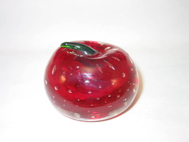 Deep Solid Red Apple Paperweight Older Handmade Green Stem Bubble Ground - $30.20