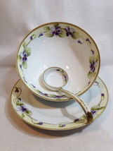 Nippon Purple Florals Sauce Condiment Bowl w Spoon Underplate Gold Trim Ball Fee - £18.88 GBP