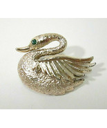 Vtg Signed Gerry&#39;s Swan Brooch Small Pin Textured Gold Tone Green Rhines... - £7.86 GBP